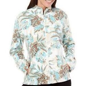 Alfred Dunner Size L Full Zip Fleece Jacket Cream Blue Brown Floral Comfy Layer